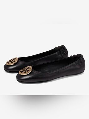 Tory Burch Black Leather Minnie Travel Ballet Flat with Logo Medallion size 8